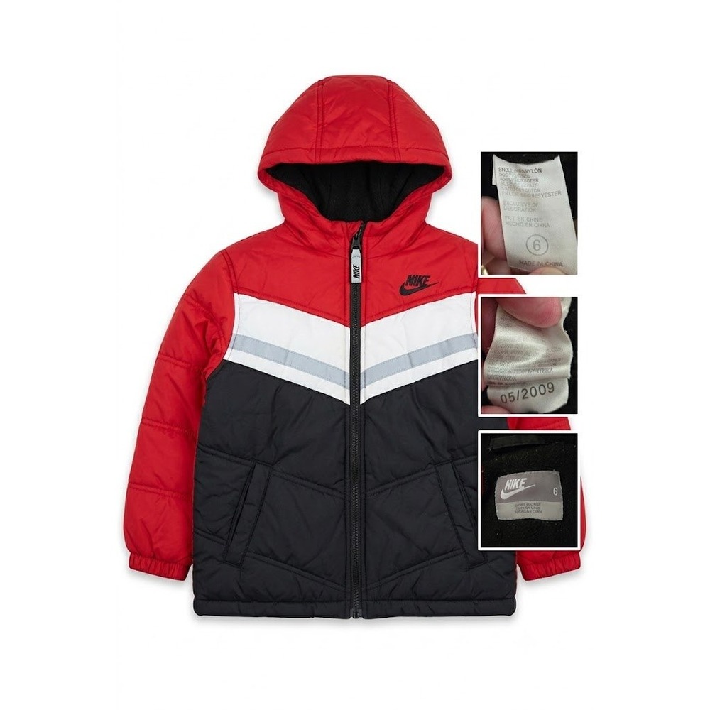 Boys Nike Puffer Jacket Size 6 Red Black‎ White Color Block Hooded Winter Coat